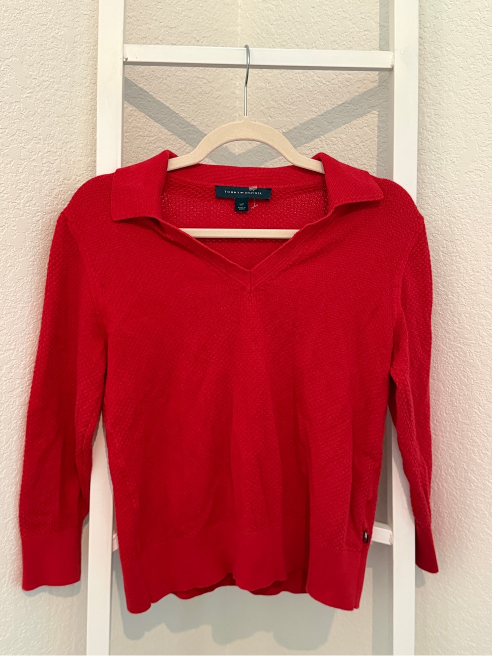 Tommy Hilfiger Women's Bright Red Collared V-Neck Sweater